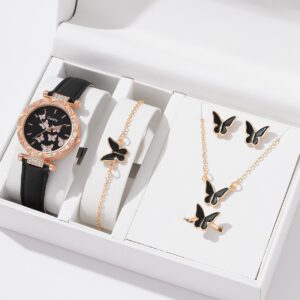 6pcs Luxury Watch Women Ring Necklace Earrings Bracelet Set Watches Butterfly Ladies